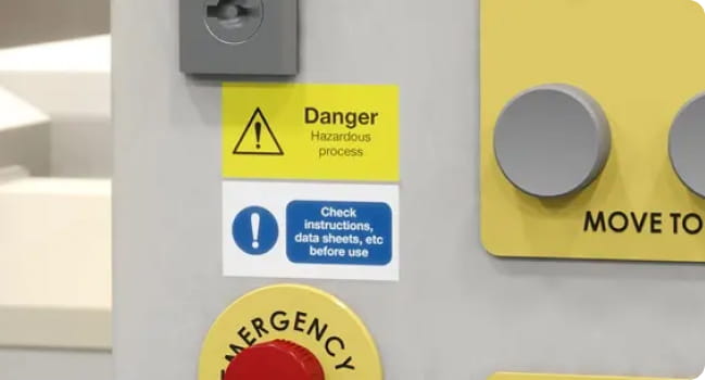 Two Brother P-touch labels on a control panel, warning of danger and to check instructions before use