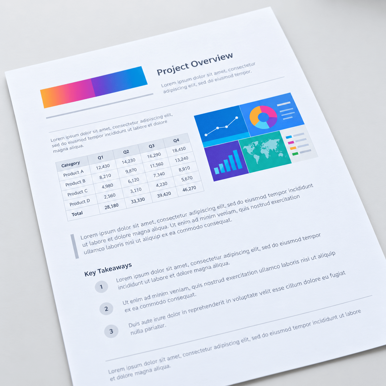 Printed business report showing charts and tables
