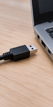 USB cable positioned beside a laptop USB port