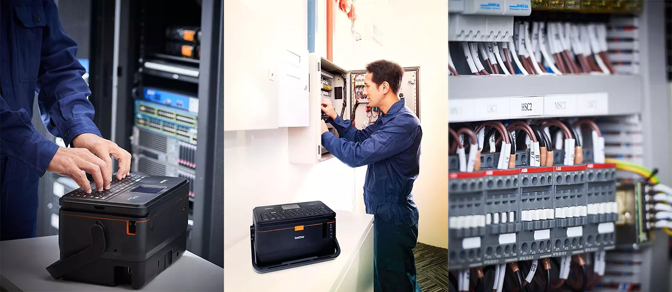 Engineer using Brother PT-E850TKW tube (cable ID) and label printer in an industrial workspace to create long-lasting identification labels.
